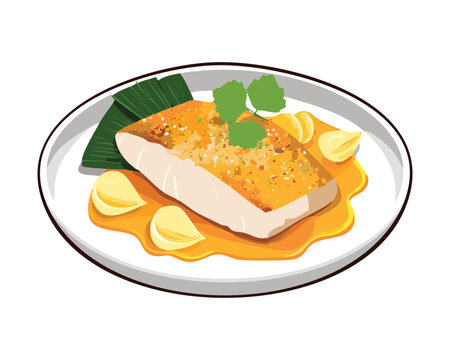 Pan seared fish fillet served with creamy orange sauce and lemon slices on an elegant plate - Vector Illustration