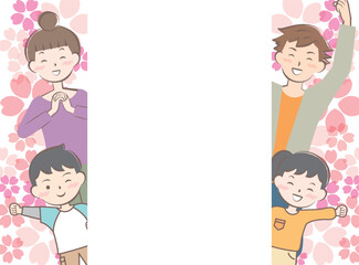 桜と喜ぶ家族のフレーム　親子　2世代