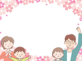 桜と喜ぶ家族のフレーム　親子　2世代