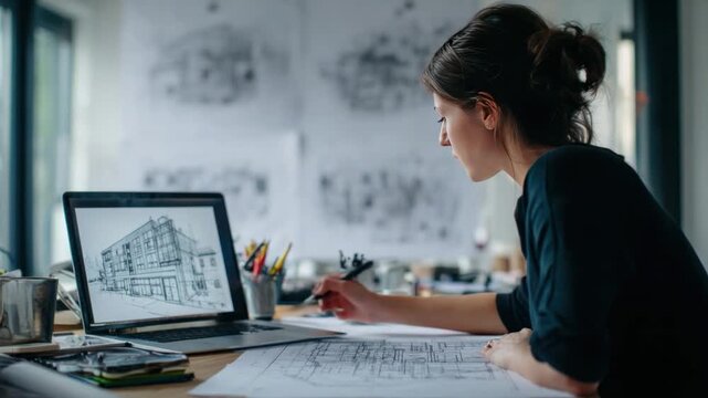 Architect's Vision: A focused architect meticulously reviews architectural plans on a laptop while refining them with a pen. The scene portrays design, expertise, and the creation of structures.