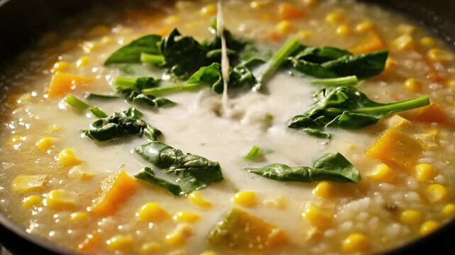 Creamy spinach and corn chowder being stirred in a pot