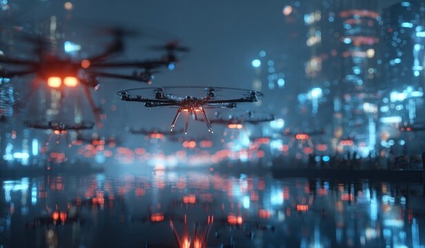 Autonomous drones flying over city skyline at night with glowing lights