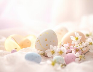 Fototapeta premium Soft Pastel Easter Eggs and Delicate Flowers on a Light Background