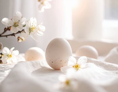 White Egg Surrounded by Blossoms on Soft Fabric Background