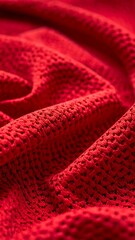 A vibrant red fabric with a textured weave, folded in a decorative pattern