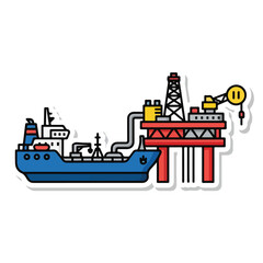 Obraz premium A blue ship connected to a red offshore oil rig