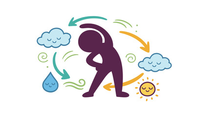 A person experiencing various weather conditions in a whimsical illustration style