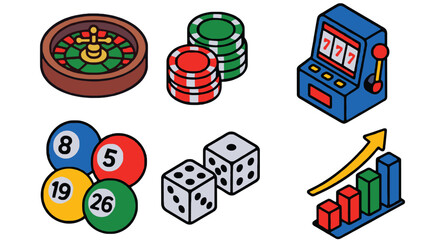 A colorful illustration of various casino and gaming elements on a white background