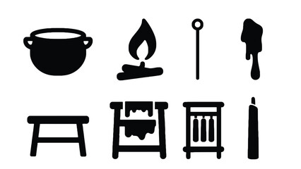 A collection of black and white icons representing camping and outdoor activities