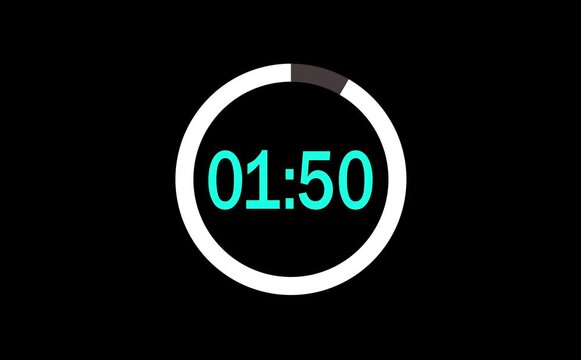 2 minutes digital countdown timer animation from 120 seconds to 0 seconds on transparent background with alpha channel, Animated countdown timer count hours minutes and seconds, Countdown video