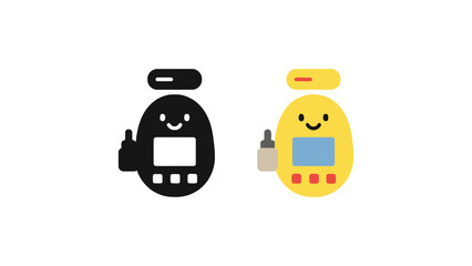 Two cute cartoon pedometers in black and yellow on a white background