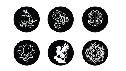 A collection of six black and white icons on a plain background