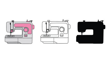 A set of sewing machines in different colors and line art styles