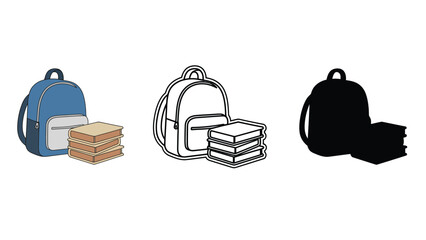 Three backpacks with books in different colors on a white background