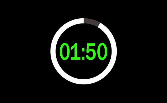 2 minutes digital countdown timer animation from 120 seconds to 0 seconds on transparent background with alpha channel, Animated countdown timer count hours minutes and seconds, Countdown video