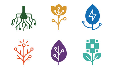 A colorful collection of six eco-friendly icons representing sustainable energy and technology