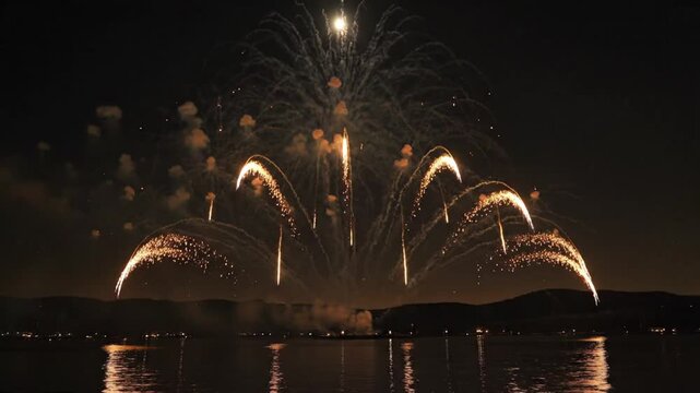 Grand fireworks exploding over dark water at night, celebrating an event.