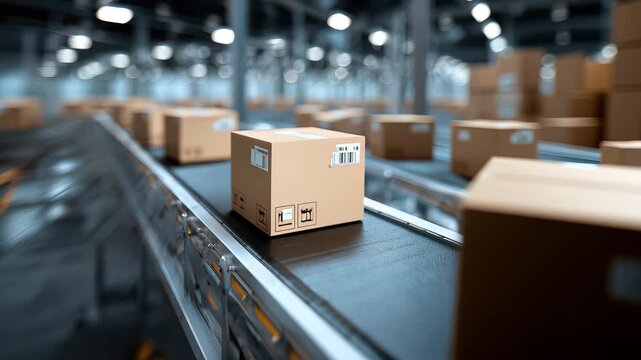 Packages move along a conveyor belt in a warehouse setting during the daytime as part of a sorting process for delivery
