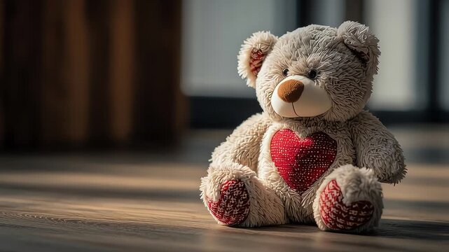 Cute Teddy Bear with Red Heart Patch Sitting on Wooden Floor
