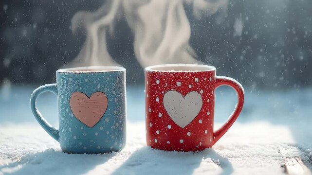 Two Steaming Coffee Mugs With Hearts In Snow Winter Romance