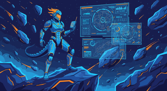 Robot on a Space Mission with Futuristic Interface Display