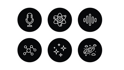 A set of six black icons with white scientific and technological symbols