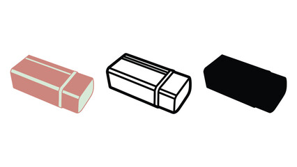 Three colorful erasers in pink, black and white on a clean surface