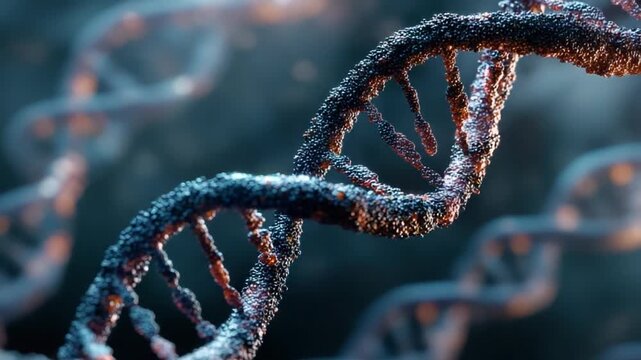 DNA Strand Close-up: a striking visualization of a DNA strand, with intricate details of the double helix structure. the background blurred creating an enhanced focus on the key scientific subject.