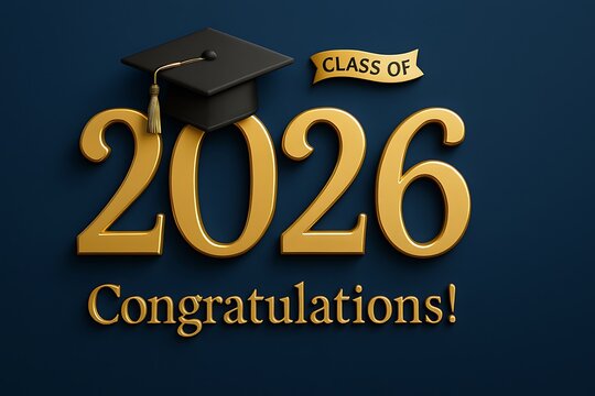 A congratulatory message for the class of 2026 with a graduation cap and gold text on a dark blue background