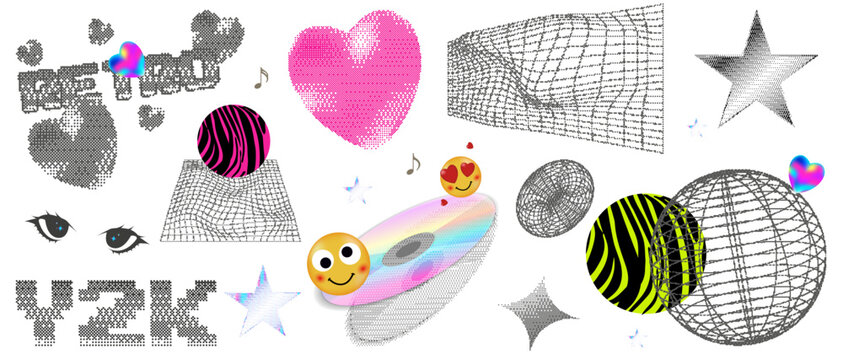 Trendy Y2K digital elements with dithered bitmap textures. Retro pixel art set with hearts, stars, CD-ROMs, and wireframes. Cyberpunk techno style vector illustration for graphic design.