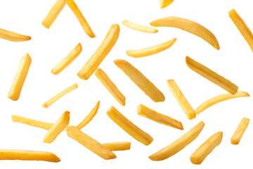 Scattered golden crispy french fries isolated on transparent background