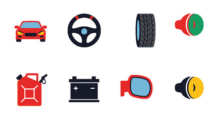 A collection of colorful car parts and accessories on a white background