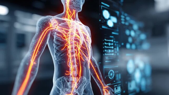 Human Anatomy Depiction with Digital Interface: A striking, transparent rendering of the human form, highlighting the intricate vascular and nervous systems.