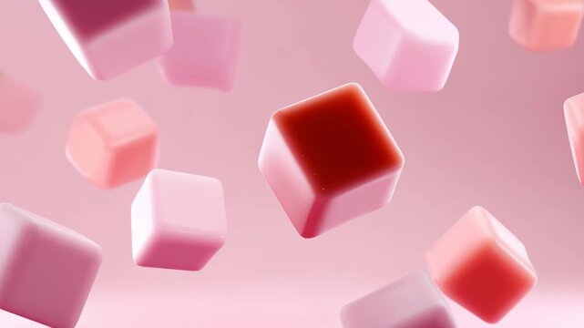 Floating colorful cube shapes in soft pink background during daytime display interesting geometric forms