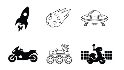 A collection of black and white icons featuring space and vehicle designs