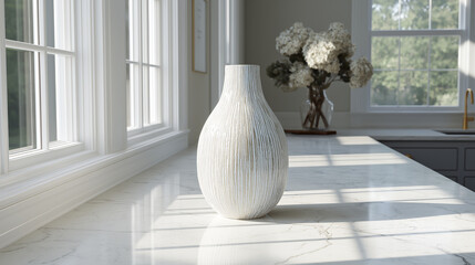 Minimalist white ceramic vase on marble countertop in bright modern kitchen