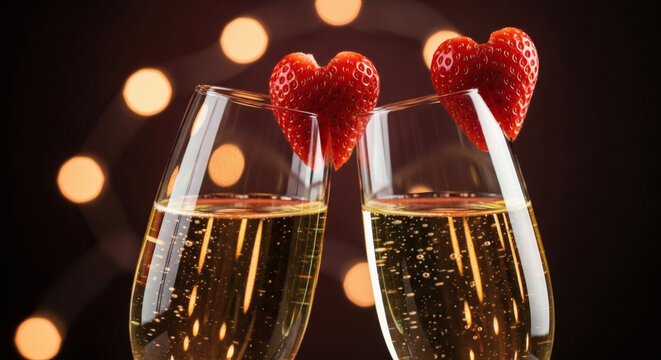 Two glasses of champagne and a bottle on a festive table with fireworks and holiday decorations celebrate a romantic New Year party
