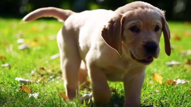 Cute Yellow Labrador Puppy Walking.