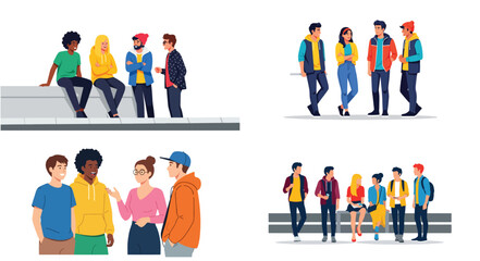 Group of young people socializing outdoors in various poses