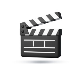 3d movie clapper board, video production icon. Classic black and white clapperboard with striped top in open position for movie posters, vector tool for video content creation, filmmaking tutorial © Buch&Bee