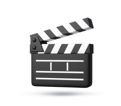 3d movie clapper board, video production icon. Classic black and white clapperboard with striped top in open position for movie posters, vector tool for video content creation, filmmaking tutorial