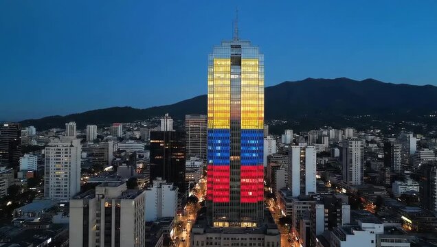 Tall city skyscraper illuminated with yellow blue and red lights at night representing national flag colors concept