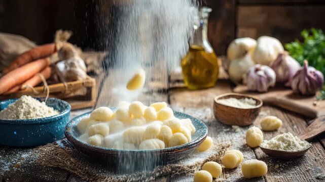 Preparation of potato gnocchi with flour, oil, garlic, and vegetables on a wooden table