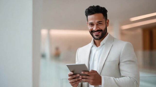 Confident Businessman with Tablet: A poised businessman, clad in a crisp suit, engages with a tablet, his eyes reflecting competence and self-assuredness.