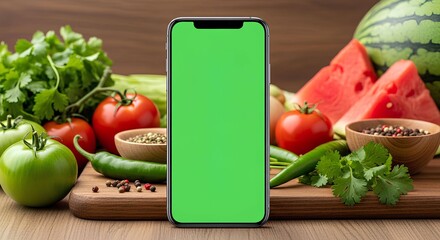 "Smartphone with Green Screen Among Fresh Produce &ndash; Culinary-Tech Mockup with Fruits, Vegetables, and Spices"