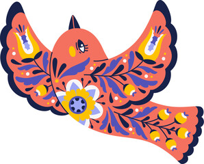Fototapeta premium Scandinavian ethnic red ornate bird embroidery. Nordic folklore flying dove colorful drawing, Slavic graphic vector bird decoration. Scandinavian animal embroidery with blue and yellow flower ornament