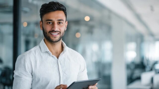 Modern Professional: A charismatic man, clad in a crisp white shirt, confidently engages the world with a tablet in hand. the focus on ambition, and technological prowess.