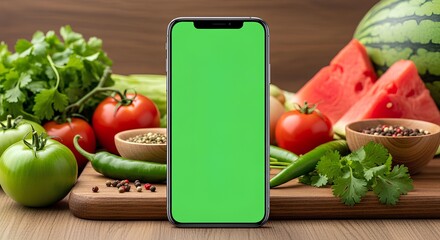 "Smartphone with Green Screen Among Fresh Produce &ndash; Culinary-Tech Scene with Fruits, Vegetables, and Spices"