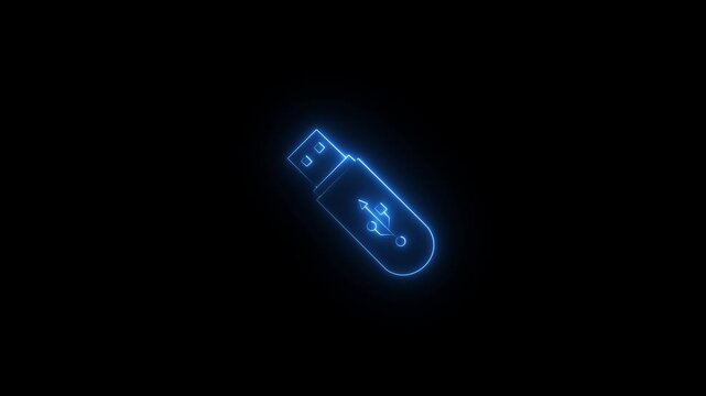 Glowing neon USB pendrive icon isolated on black background. USB Drive icon animation. Security, safety, protection concept. USB Flash Drive Icon Glowing Neon Animation..