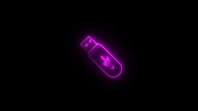 Glowing neon USB pendrive icon isolated on black background. USB Drive icon animation. Security, safety, protection concept. USB Flash Drive Icon Glowing Neon Animation..